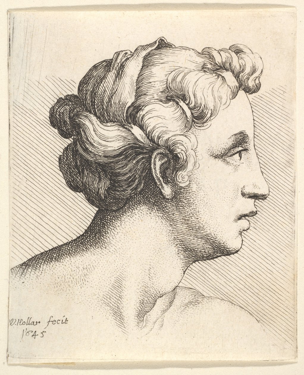 右側のプロファイルに髪の束が束ねられた女性（1645）。 作： ヴァーツラフ・ホラー