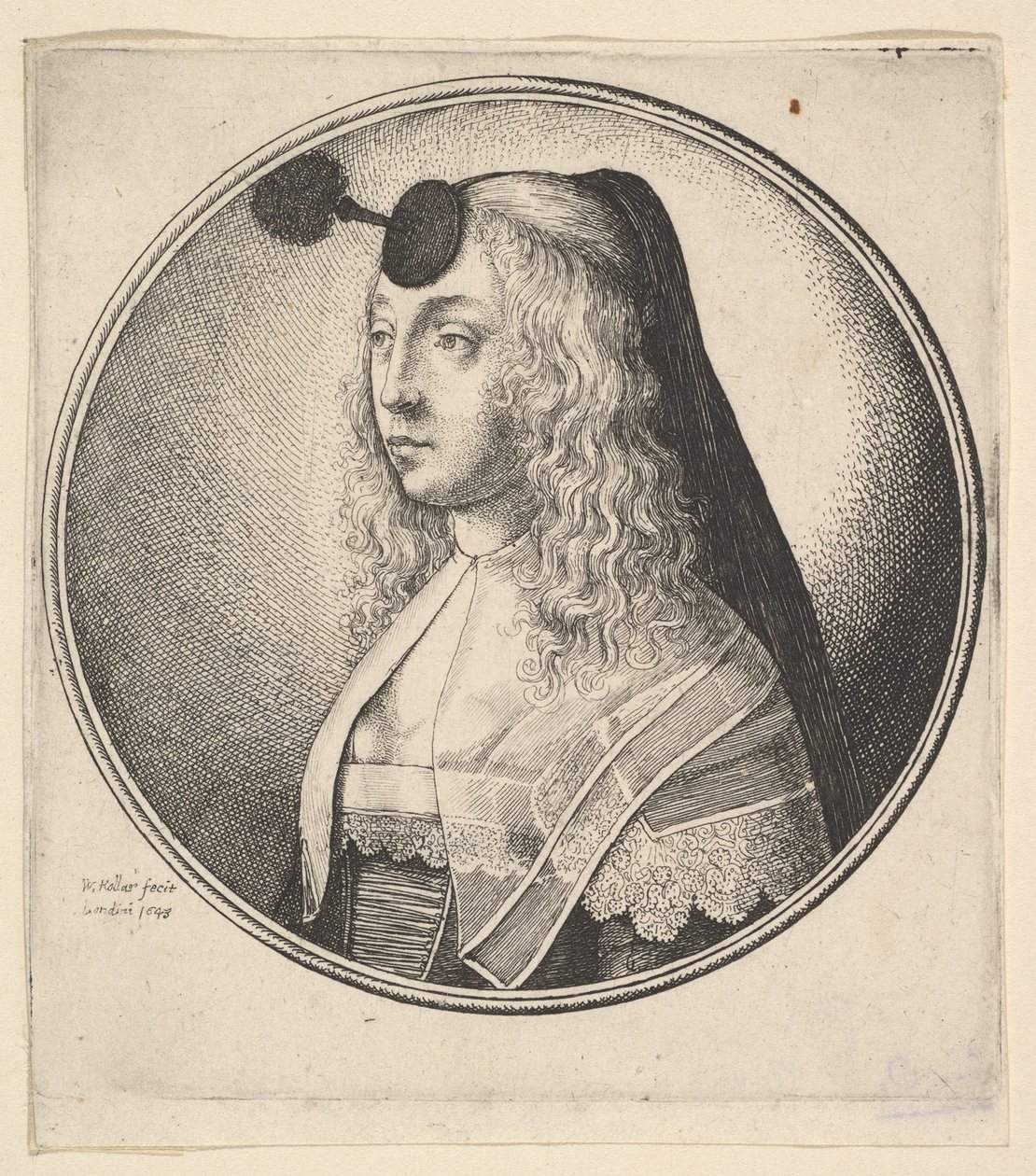 額にフーペットを付けた女性が左に向いた、1643年。 作： ヴァーツラフ・ホラー