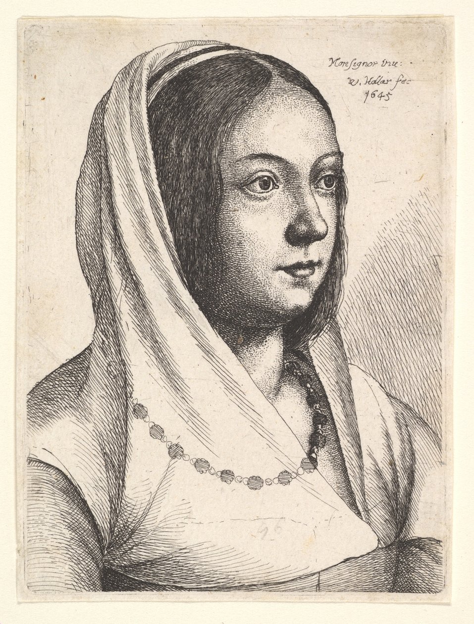 ボンシニョーリ、1645年後、頭にスカーフを付けた若い女性。 作： ヴァーツラフ・ホラー