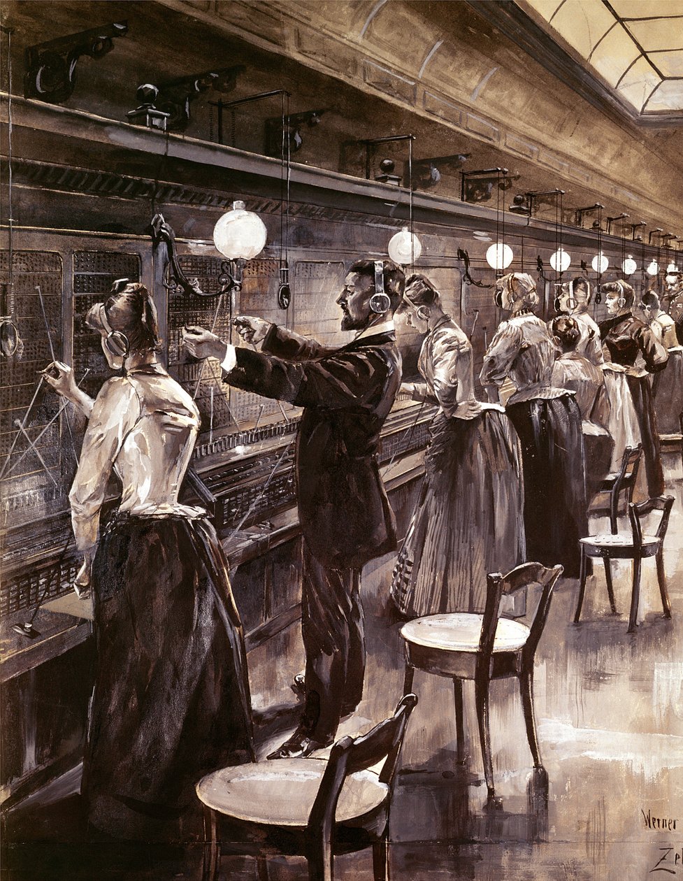 ベルリン中央電話交換所、1890年頃 作： ヴェルナー・ツェメ