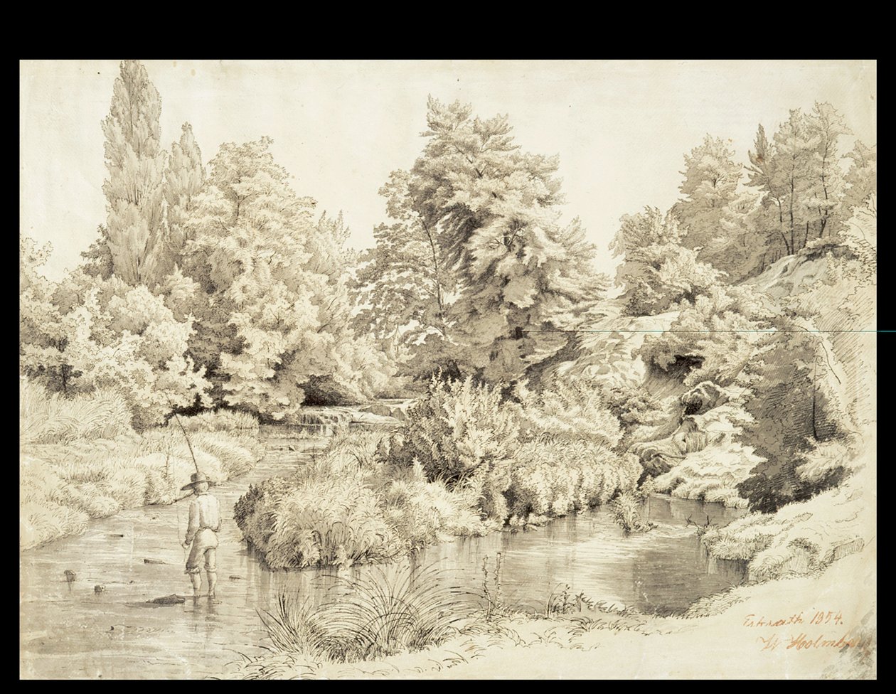 エルクラート、「釣りをする少年がいる小川の風景」 作： ヴェルナー・ホルムバーグ