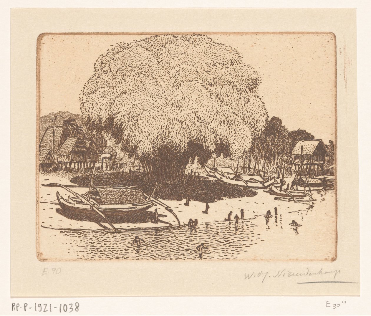 バリのロロアン バラットのビュー 漁村（原題） 作： Wijnand Otto Jan Nieuwenkamp（アーティストによる署名）