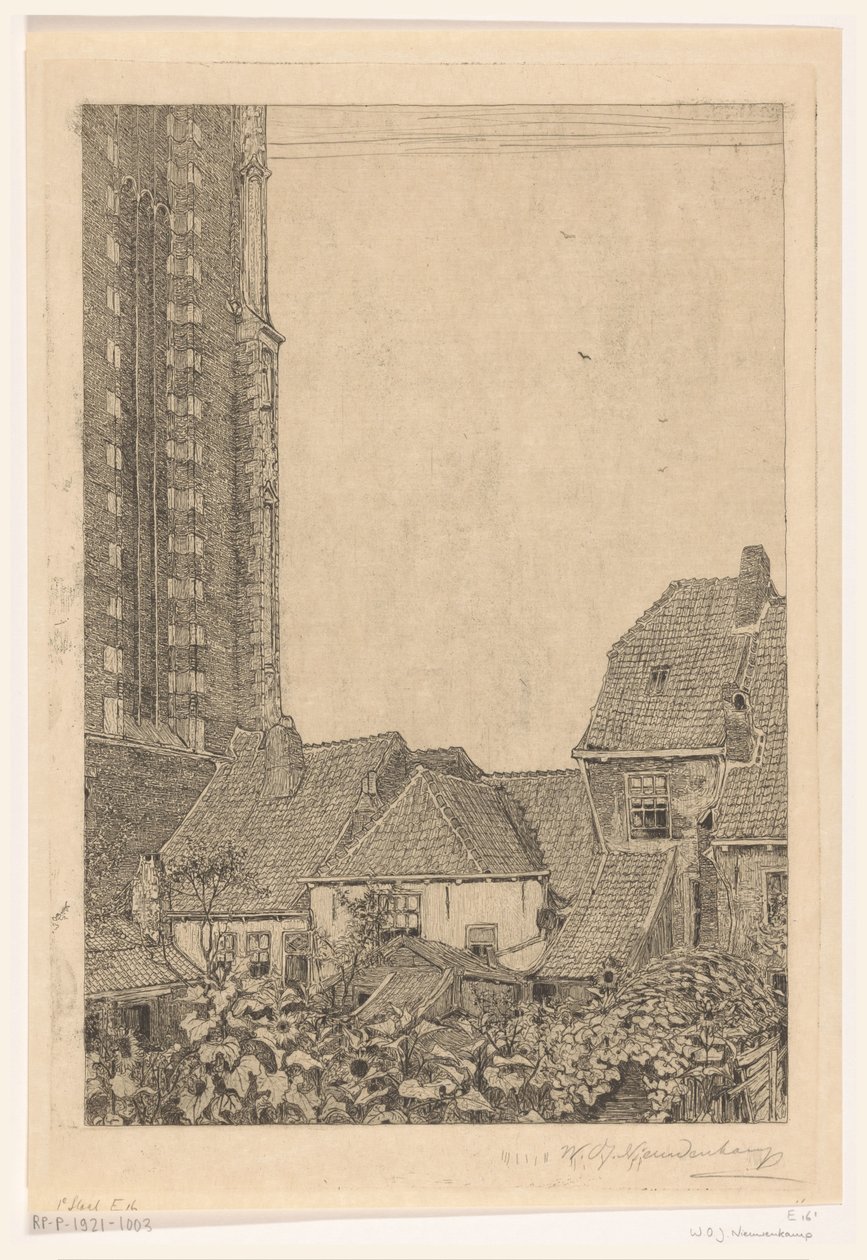 アメルスフォールトの Onze-Lieve-Vrouwetoren 近くの家 塔のふもとで（原題） 作： Wijnand Otto Jan Nieuwenkamp（アーティストによる署名）