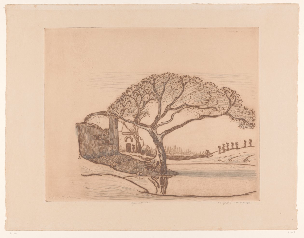家、池のそばの木、頭に水差しを乗せた女性 カイロ付近（原題） 作： Wijnand Otto Jan Nieuwenkamp（アーティストによる署名）