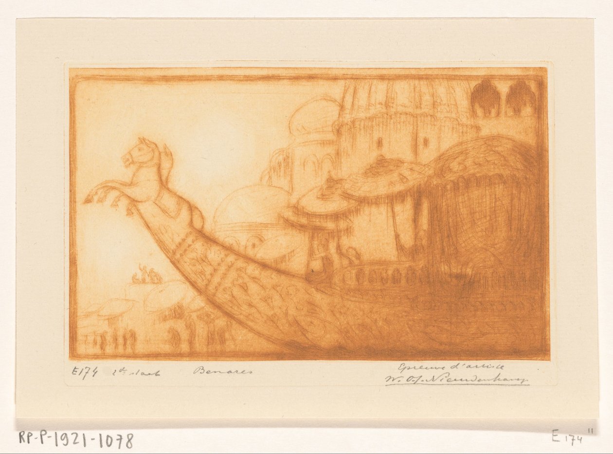 ガンジス川のベナレスのマハラジャの遊覧船 マハラジャの船、ベナレス (原題) 作： Wijnand Otto Jan Nieuwenkamp（アーティストによる署名）