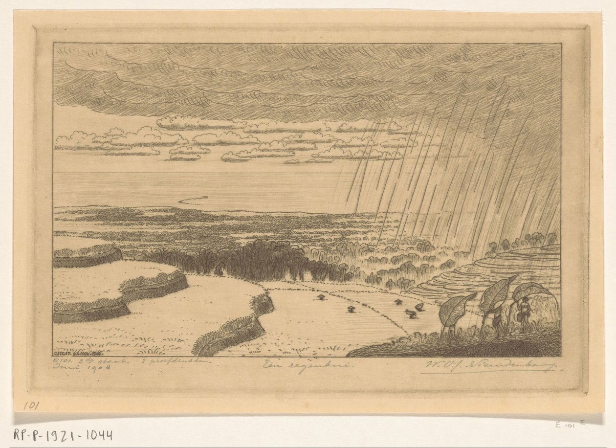 バリのギッギットの田んぼに雨が降る 暴風雨 (原題) 作： Wijnand Otto Jan Nieuwenkamp（アーティストによる署名）