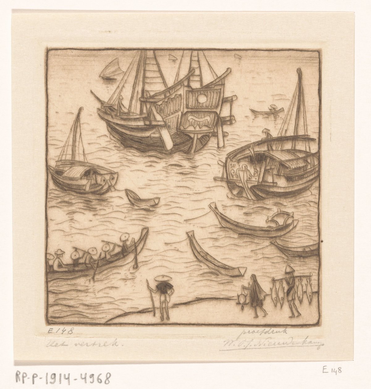 ロンボク島の東海岸の湾に船 出発、ロンボク (原題) 作： Wijnand Otto Jan Nieuwenkamp（アーティストによる署名）