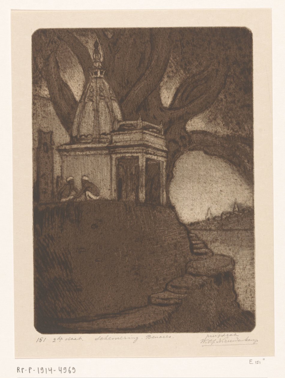 夜のベナレスの神殿 日没、ベナレス (原題) 作： Wijnand Otto Jan Nieuwenkamp（アーティストによる署名）
