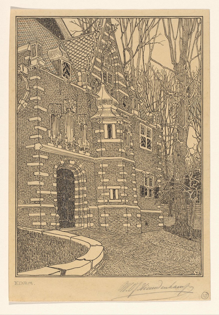 Edam の Grote または Sint-Nicolaaskerk の南門 作： Wijnand Otto Jan Nieuwenkamp（アーティストによる署名）