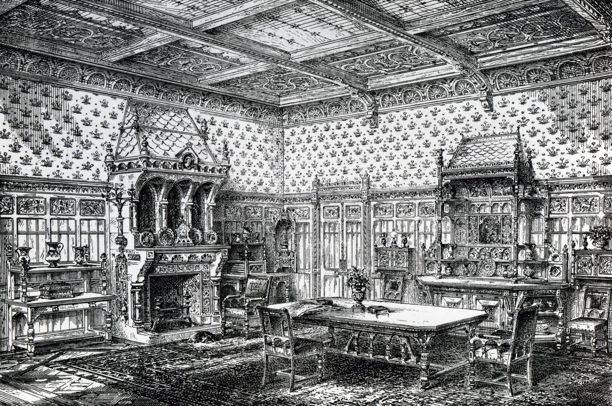 1872年9月1日、The House-Furnisher＆Decoratorに掲載されたゴシックダイニングルームのデザイン 作： ウィルバーフォースハドン