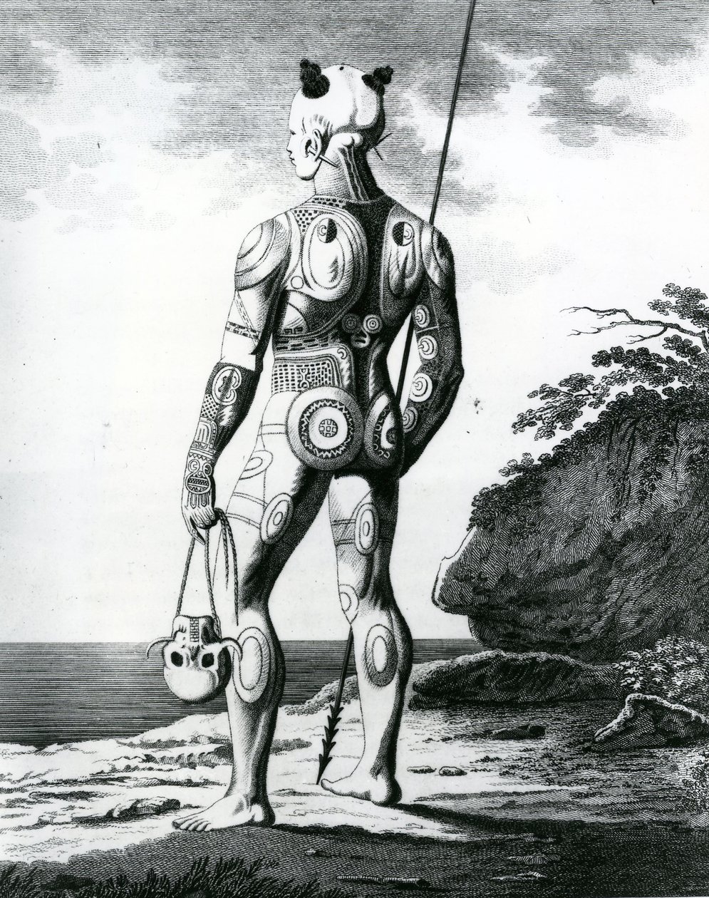 1813年、完全に入れ墨されていない若いヌカヒワン男 作： ティレナウのヴィルヘルム・ゴットリーブ・ティレシウス