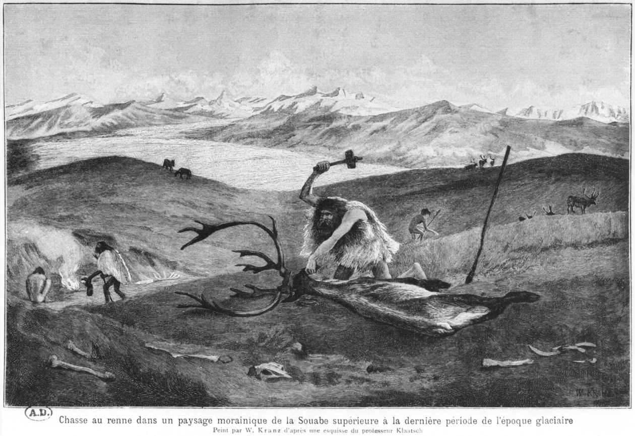 1900年頃、クラッチュ教授のスケッチの後、氷河期後期のスアベ山脈の荒涼とした風景の中のトナカイ狩り 作： ヴィルヘルム・クランツ