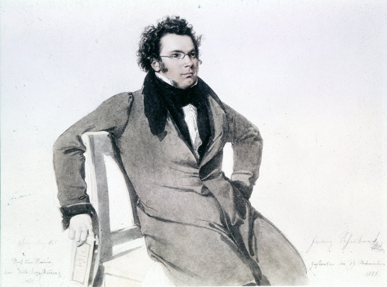 フランツ・シューベルト（1797-1828）、アウグスト・レイダーによる水彩画 作： ウィルヘルム・アウグスト・リーダー