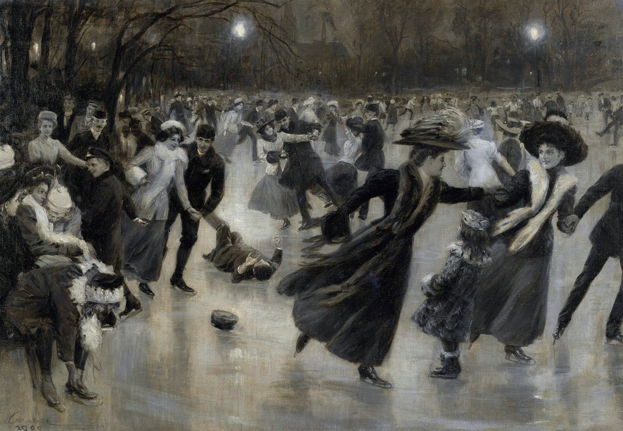 「ベルエポックのスケーターたちを描いたウィルヘルム・ゴーズ（1853-1916）の作品「氷上のパーティ 作： ウィルヘルム・ガウス
