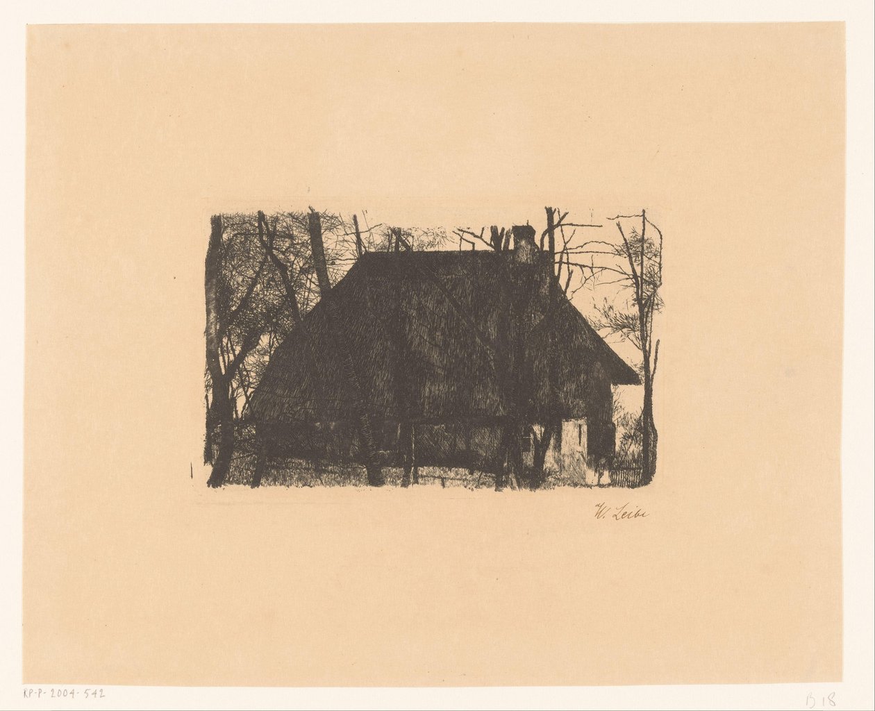 裸の木に囲まれた農場 作： Wilhelm Maria Hubertus Leibl（アーティストによる署名）