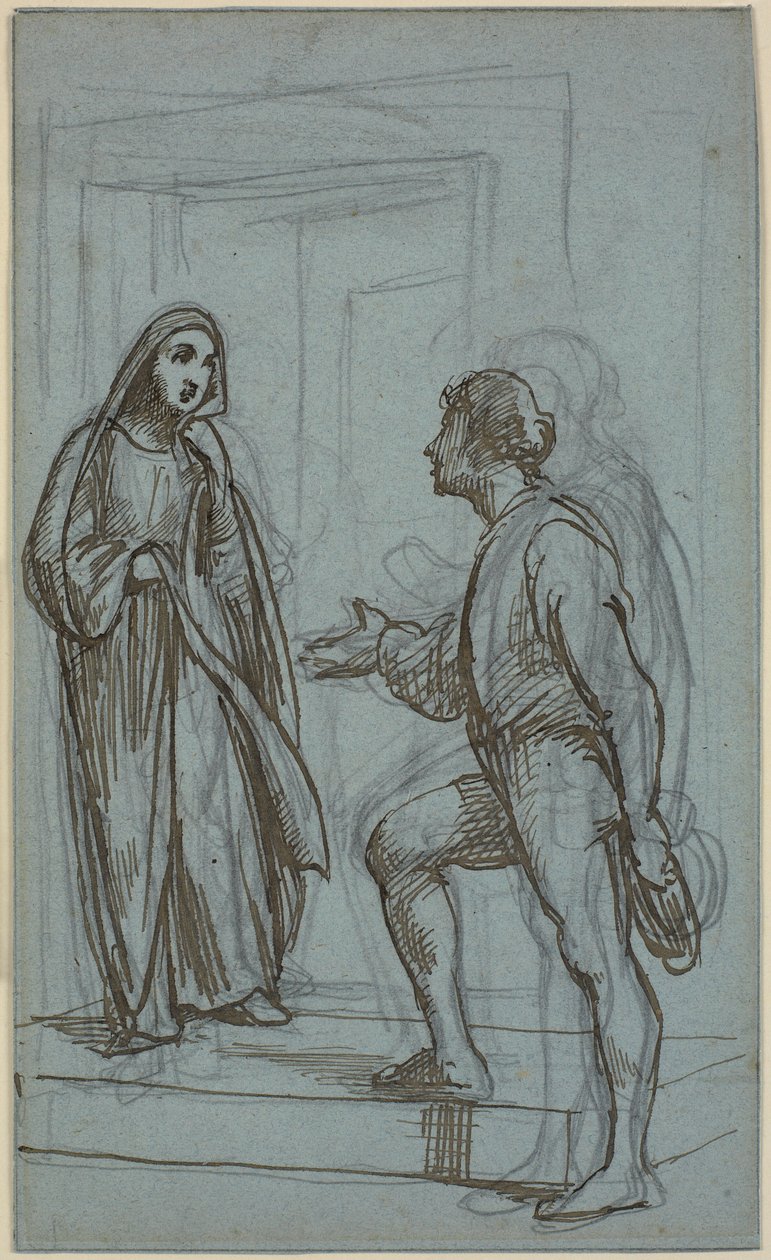 扉から出てくる女性を若い男性が迎える 作： ウィルヘルム・マーストランド