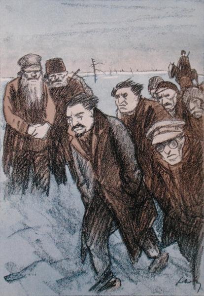 シベリアのレオン・トロツキー（1879-1940）の似顔絵、「シンプリシシムス」誌、1928年1月（カラーリソ） 作： ウィリアム・シュルツ