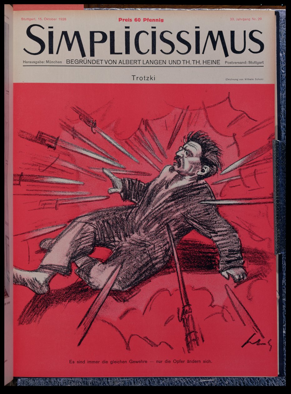 レオン・トロツキー (1879-1940) の風刺画、1928 年 10 月の雑誌「Simplicisissimus」より、攻撃を受けている (カラー リソ) 作： ウィリアム・シュルツ