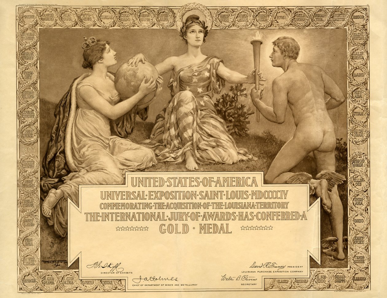 ルイジアナ購入博覧会の空白の金メダル証明書、1904 作： ウィル・ハイコック・ロー