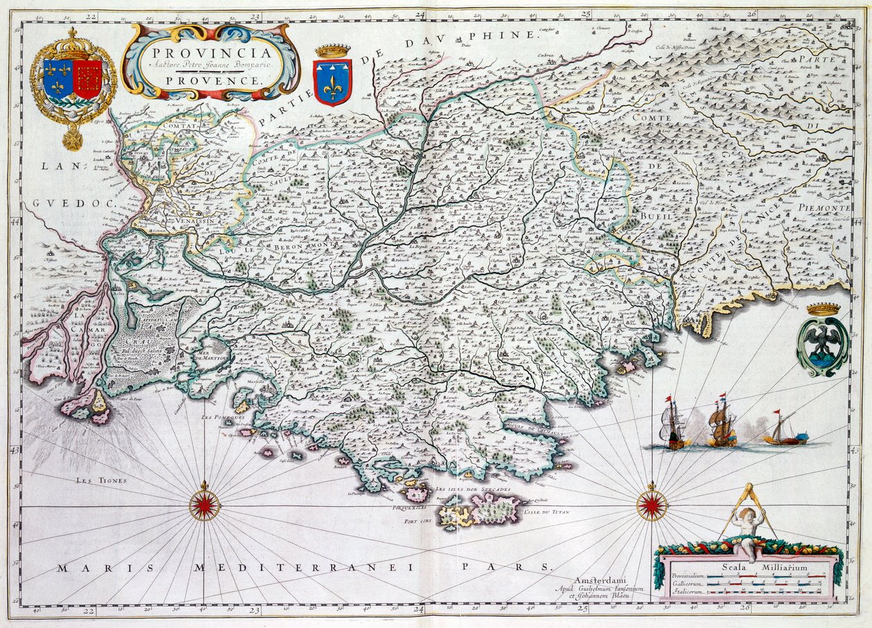 「プロヴァンシア」またはプロヴァンスの地図、現在は南フランスの一部、1638年（手描きの彫刻） 作： ウィレム・ヤンスーン・ブラウ