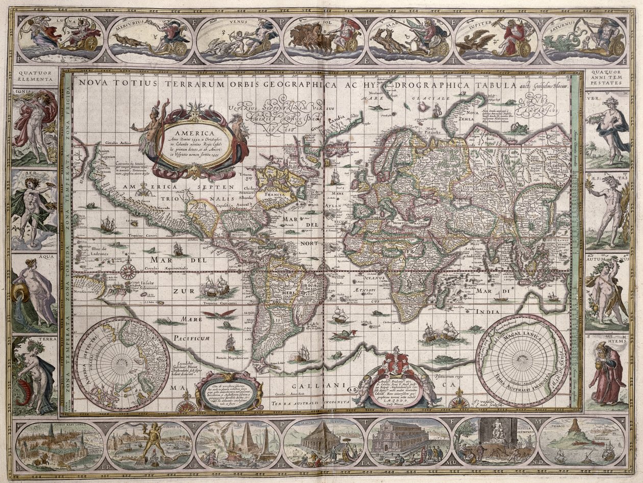 「Le Theater du Monde」または「New Atlas」からの世界地図、1645 作： ウィレム・ヤンスーン・ブラウ