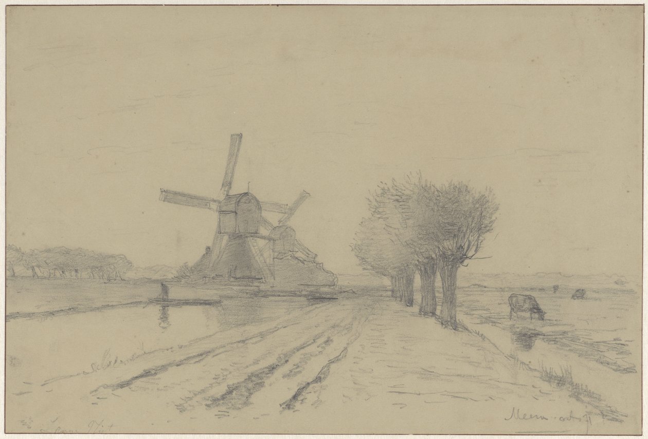 De MeernのMeentweg沿いのVlietのDe Rode MolenとSluismolen 作： ウィレム・ロエロフス