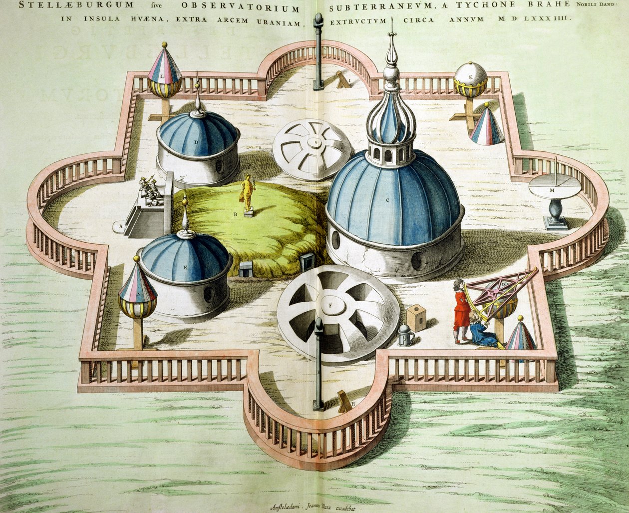 1645年にアムステルダムで公開された「Le Theater du Monde」または「Nouvel Atlas」からデンマークのヘブン島にTycho Brahe（1546-1601）によって1584年に建設されたウラニボー天文台の概観 作： Joan Blaeu