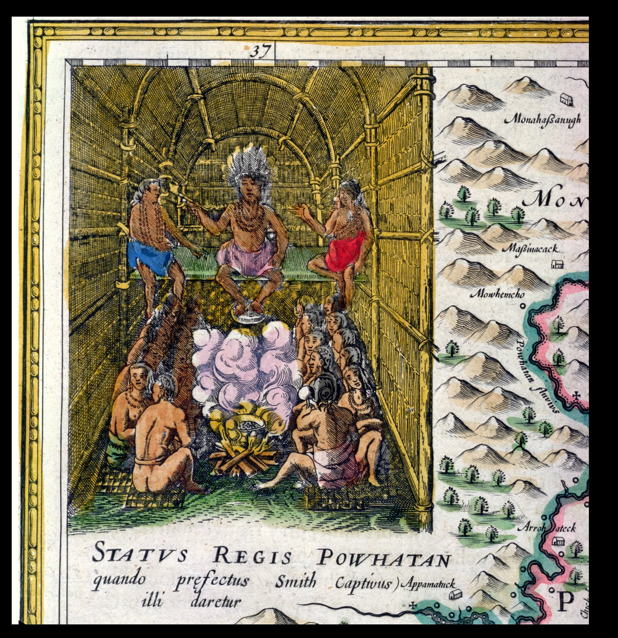 ジョドクスホンディウス（1563-1612）とディルクグリップ（1647年）によって彫刻された、「ノヴァバージニアエタブラ」の詳細であるポウハッタン族の首長 作： Joan Blaeu