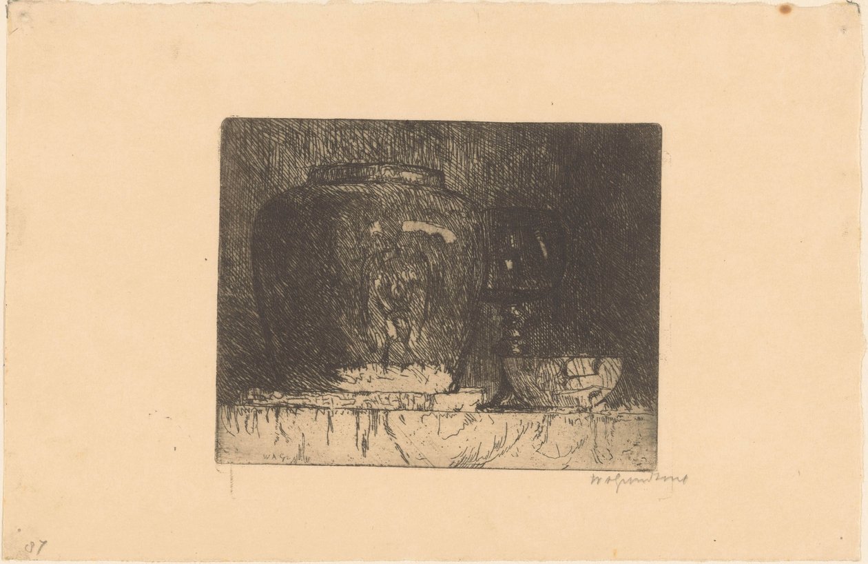 ジンジャー ジャー、ワイン グラス、ボウルのある静物 作： Willem Adrianus Grondhout（アーティストによる署名）