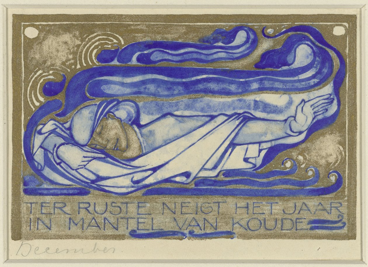 安静時は寒さで覆われる傾向にある 12 月 (オブジェクトのタイトル) Nederlandsch Kunstverbond Calendar 1930 (シリーズ タイトル) のデザイン カレンダー シート 作： ウィレム・アロンデウス