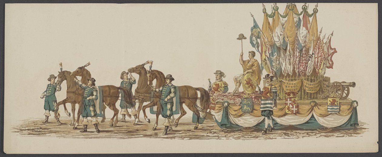 1862年のデルフトパレード、第3グループ デルフトのロイヤル アカデミーの第 4 ラストラム - Ao。 1862年 - 衣装を着たオプトグト (オブジェクトのシリーズタイトル) 作： Willem Bernardus IJzerdraat