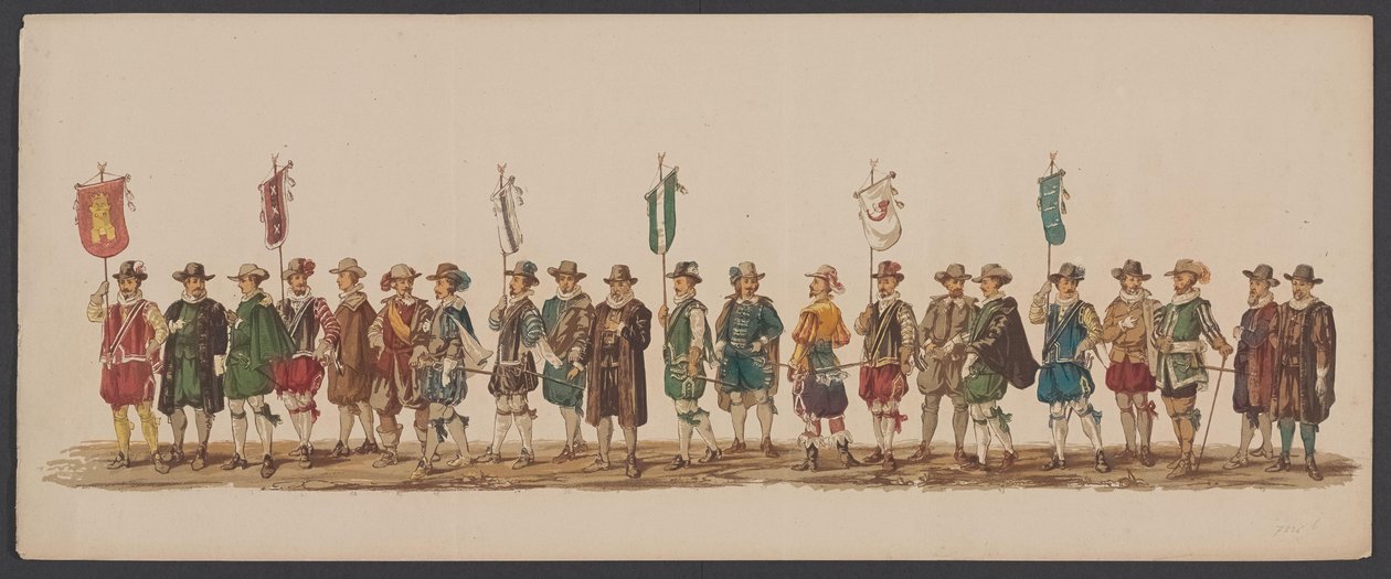 1862年のデルフトパレード、第5グループ デルフトのロイヤル アカデミーの第 4 ラストラム - Ao。 1862年 - 衣装を着たオプトグト (オブジェクトのシリーズタイトル) 作： Willem Bernardus IJzerdraat