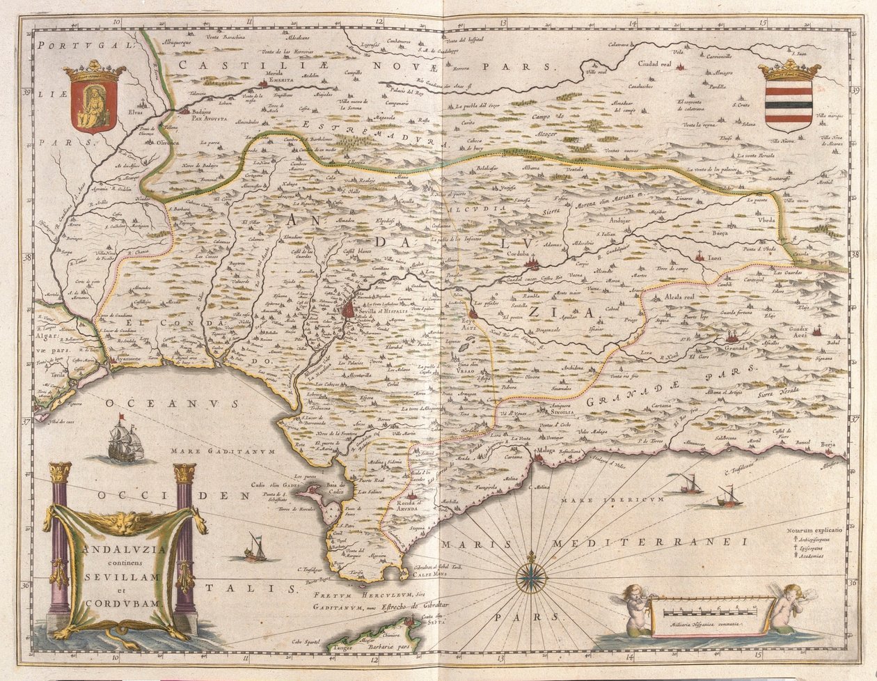 アンダルシア地方とセビリア市、ジブラルタル海峡（アムステルダム、ウィレム・ブラウ著『Theatrum Orbis Terrarum, sive Atlas Novus』所収 作： ウィレム・ブルー