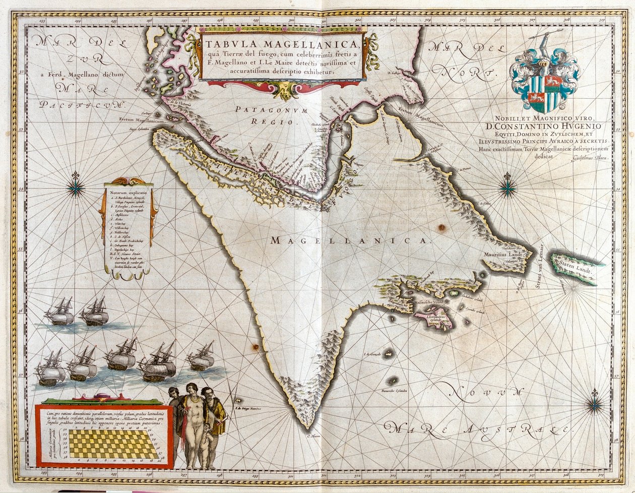 アルゼンチン、チリ、マゼラン海峡、フエゴの地（アムステルダム、ウィレム・ブラウ著『Theatrum Orbis Terrarum, sive Atlas Novus』所収 作： ウィレム・ブルー