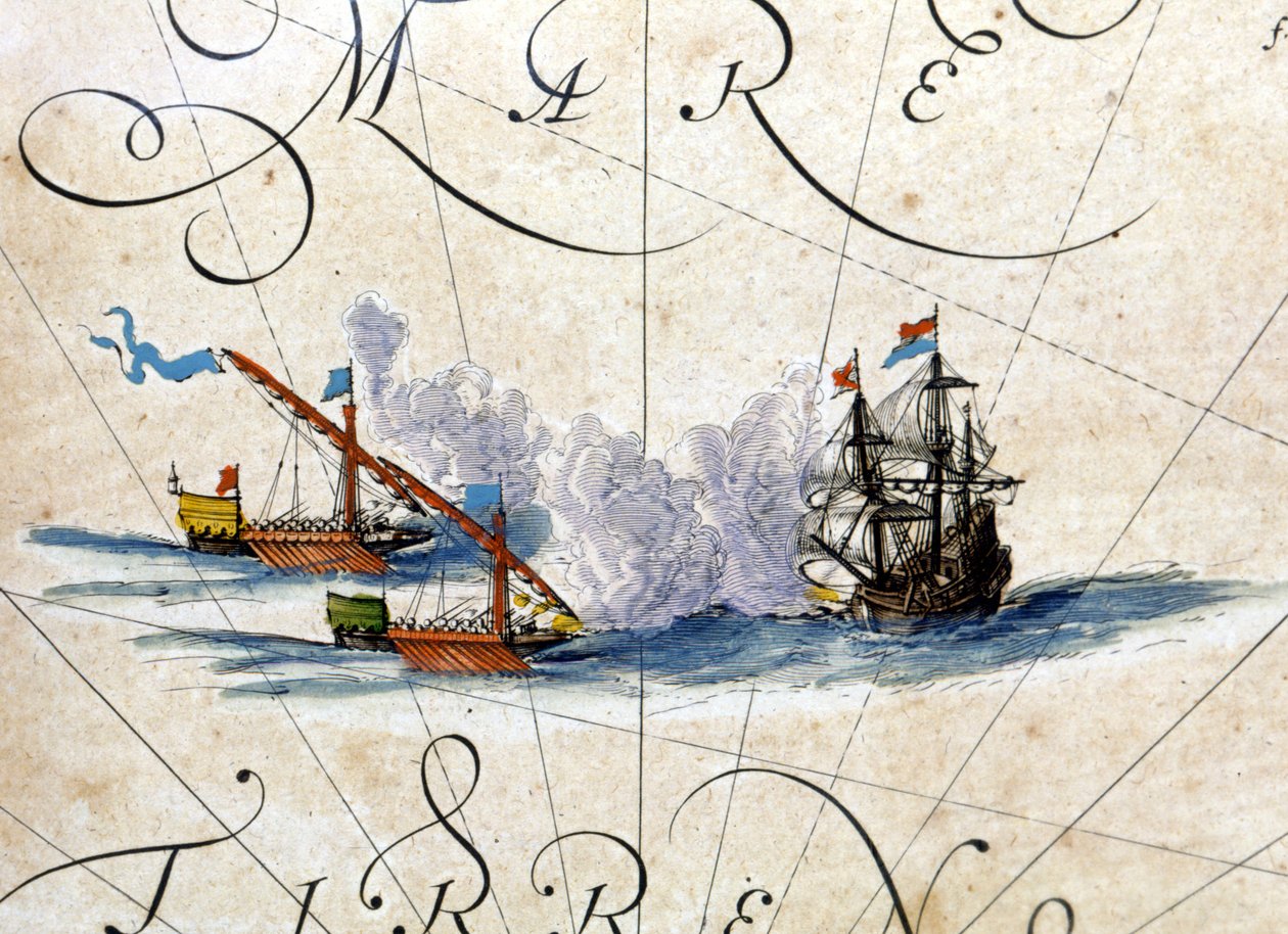 2隻のガレー船と1隻のカークの戦い。Willem Janszoon Blaeu（1571 - 1638）によるアトラス 作： ウィレム・ブルー