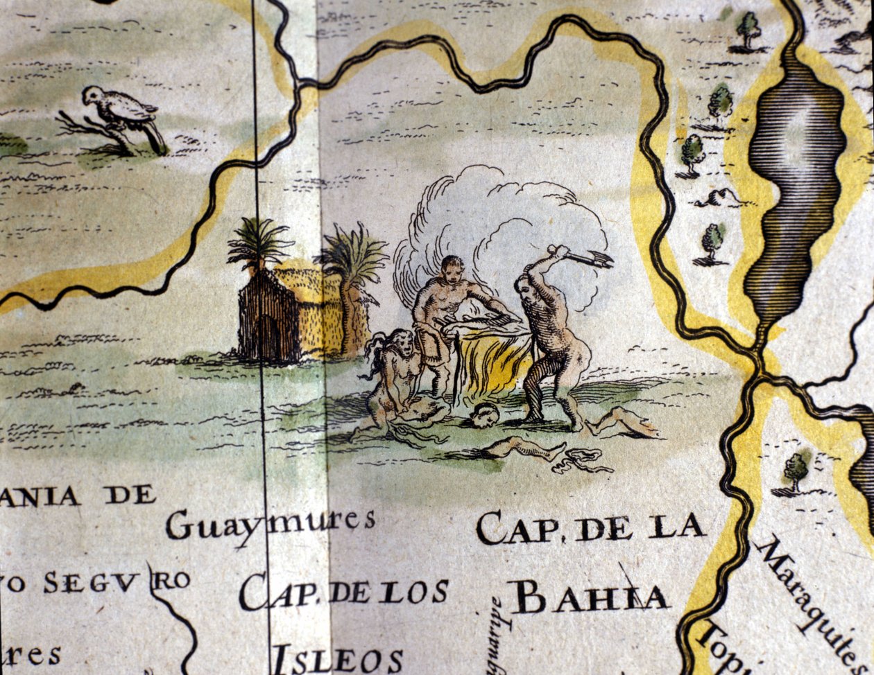 ブラジル。斧を持った男を表す人食い人種。W.Blaeuのアトラスの地図の詳細 作： ウィレム・ブルー