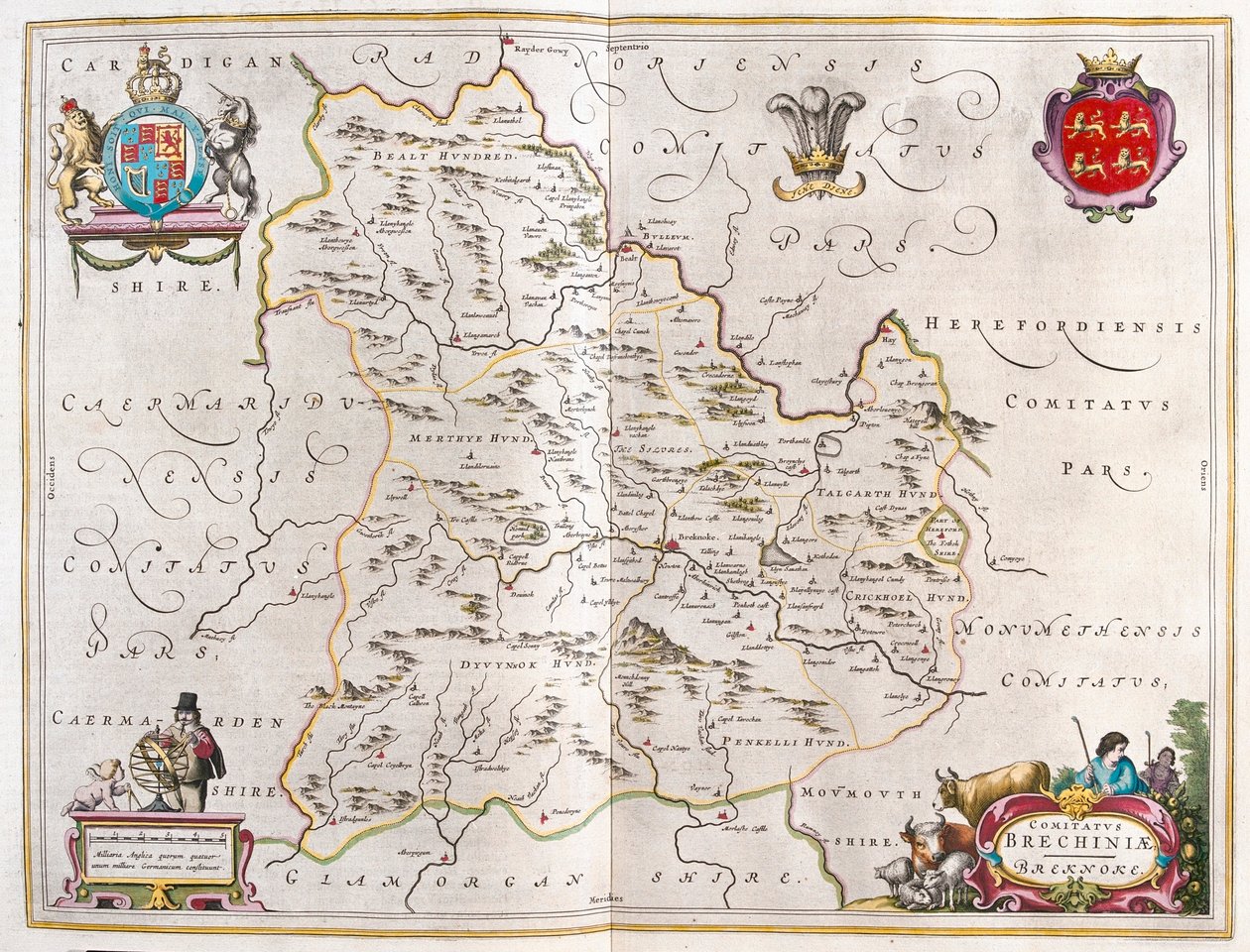 アムステルダム、ウィレム・ブラウ著『Theatrum Orbis Terrarum, sive Atlas Novus』所収のウェールズ、ブレクノーク。 作： ウィレム・ブルー