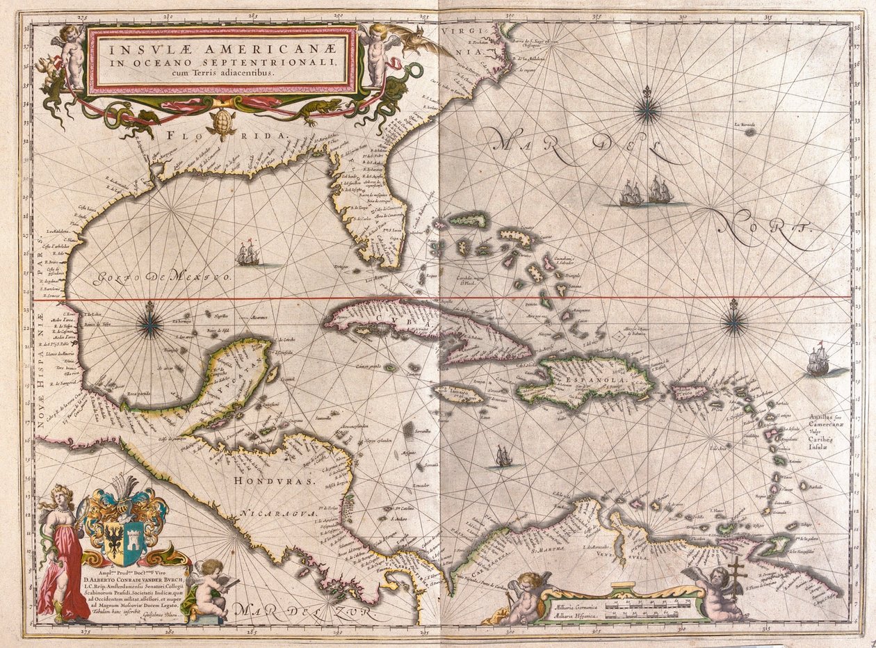 カリブ海、ハウンドゥーラ、フロリダ（アムステルダム、ウィレム・ブラウ著『Theatrum Orbis Terrarum, sive Atlas Novus』所収 作： ウィレム・ブルー