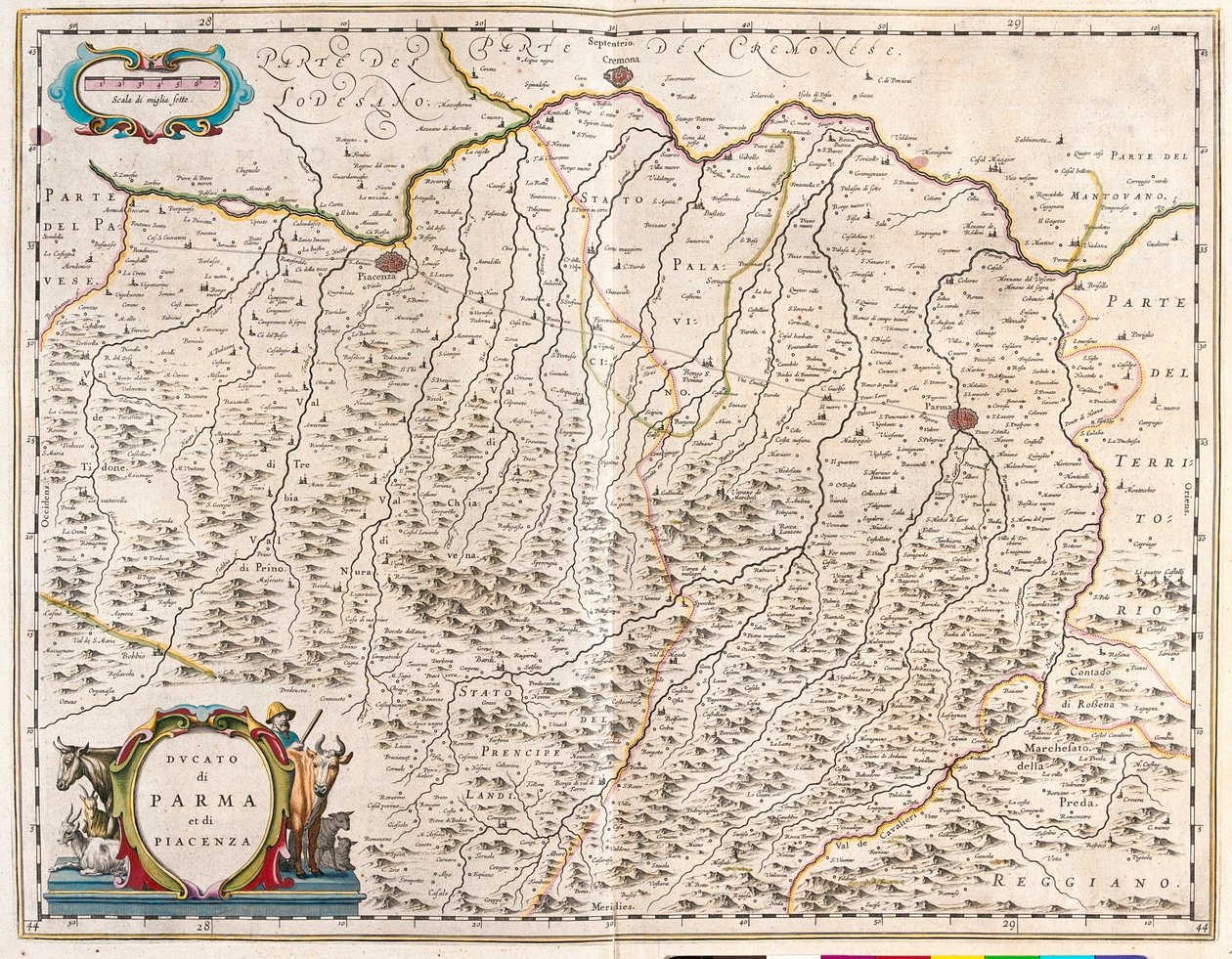 アムステルダムのウィレム・ブラウ作「Theatrum Orbis Terrarum, sive Atlas Novus」に描かれたイタリアのパルマ市とピアチェンツァ市。 作： ウィレム・ブルー