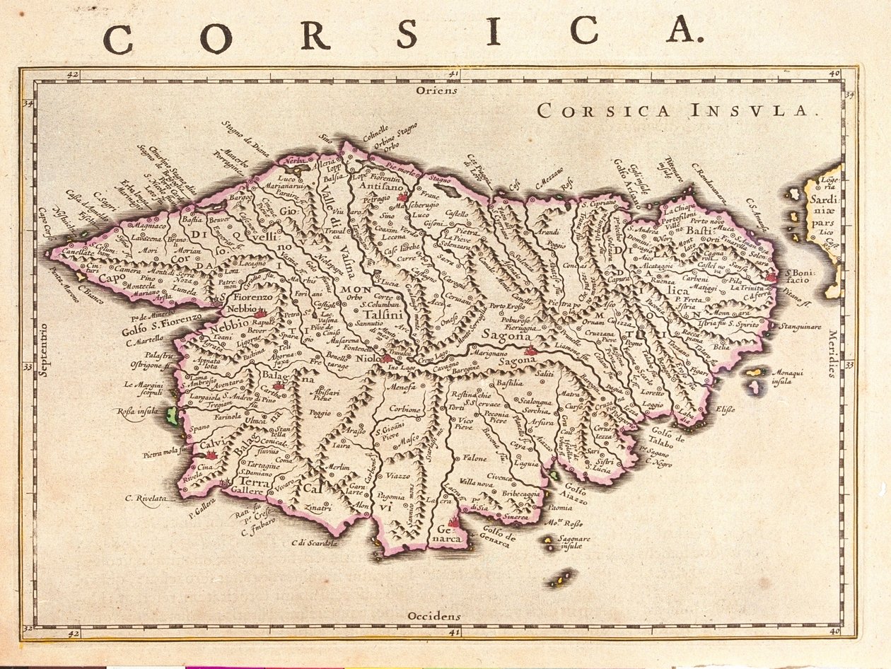 コルシカ島、ウィレム・ブラウ作「Theatrum Orbis Terrarum, sive Atlas Novus」、アムステルダム 作： ウィレム・ブルー