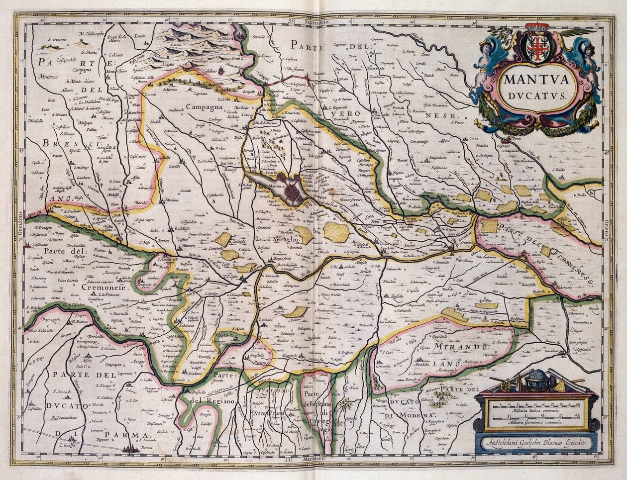マンチュア公国、Willem Blaeu（1571-1638）の地図、イタリア 作： ウィレム・ブルー