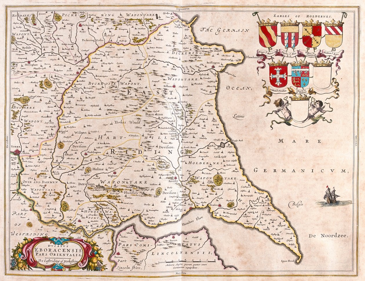ウィレム・ブラウ著「Theatrum Orbis Terrarum, sive Atlas Novus」（アムステルダム）所収のヨークシャー東乗馬。 作： ウィレム・ブルー