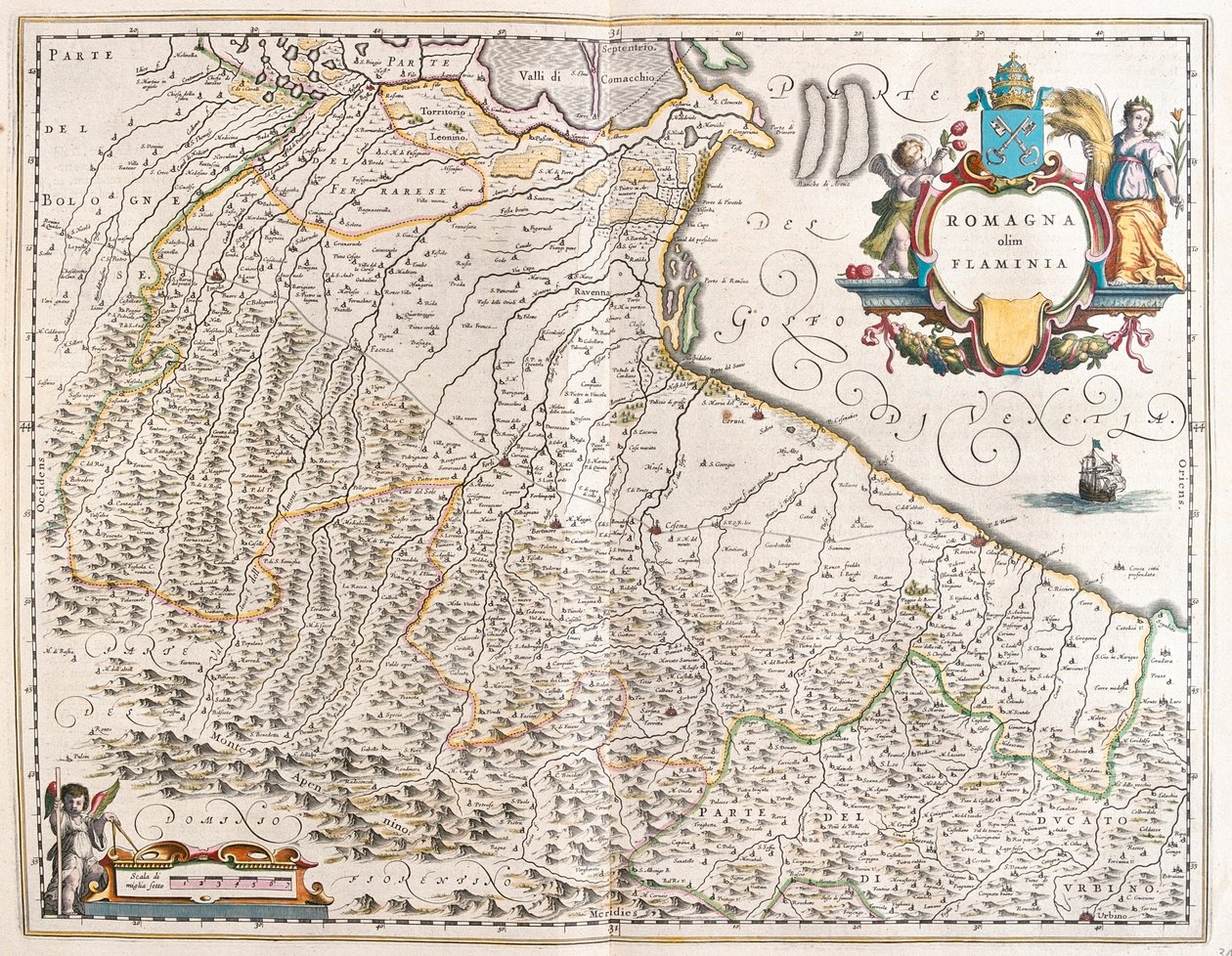 アムステルダム、ウィレム・ブラウの「Theatrum Orbis Terrarum, sive Atlas Novus」に登場するイタリア、エミリア・ロマーニャ州。 作： ウィレム・ブルー