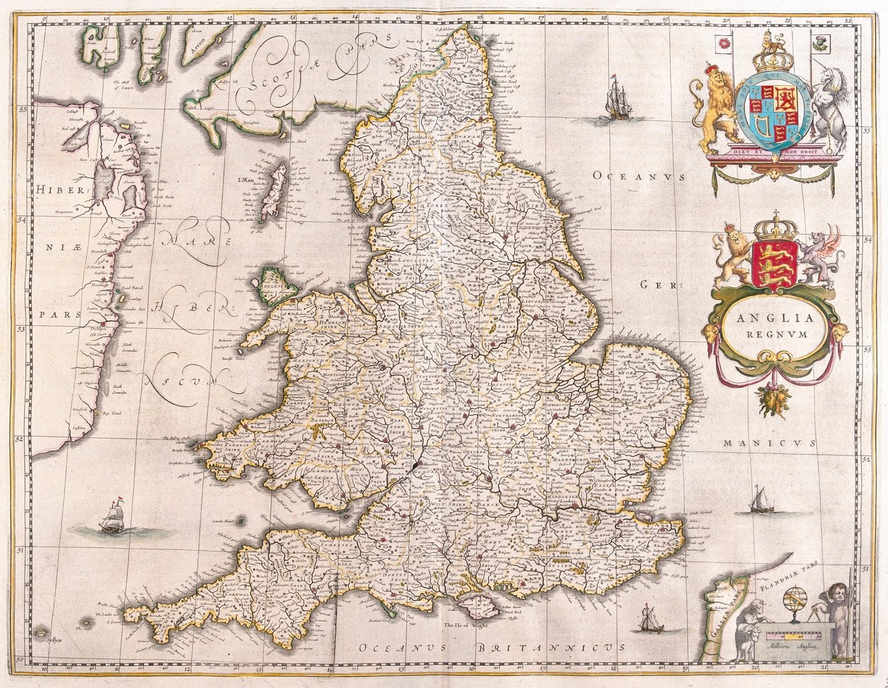 ウィレム・ブラウ著『Theatrum Orbis Terrarum, sive Atlas Novus』（アムステルダム）所収のイギリス。 作： ウィレム・ブルー