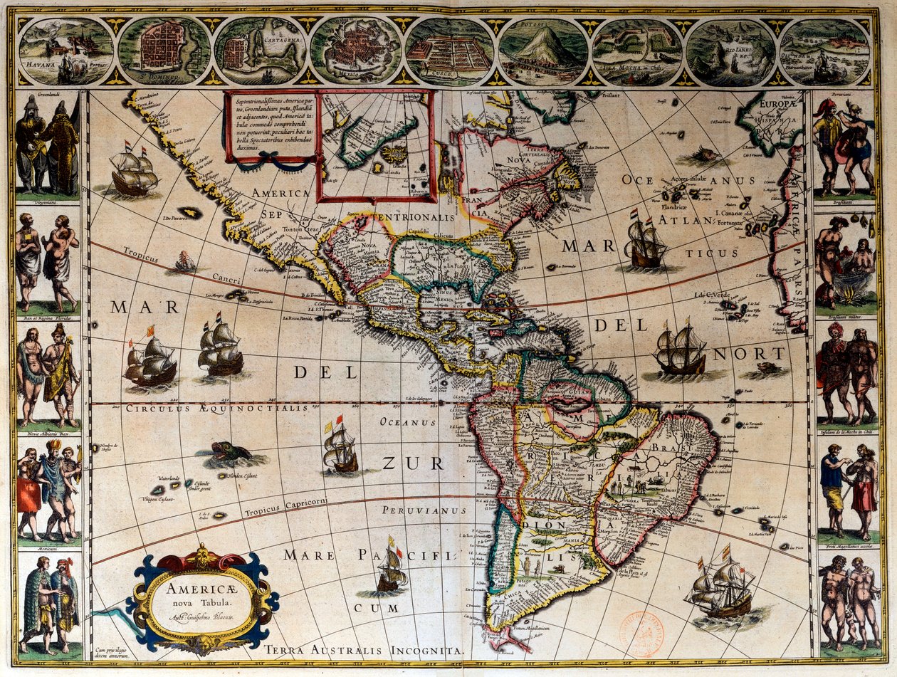 アメリカの地理地図。Willem Janszoon Blaeu（1571-1638）が制作した「Le theatre du monde ou le nouvel atlas Amsterdam」では 作： ウィレム・ブルー
