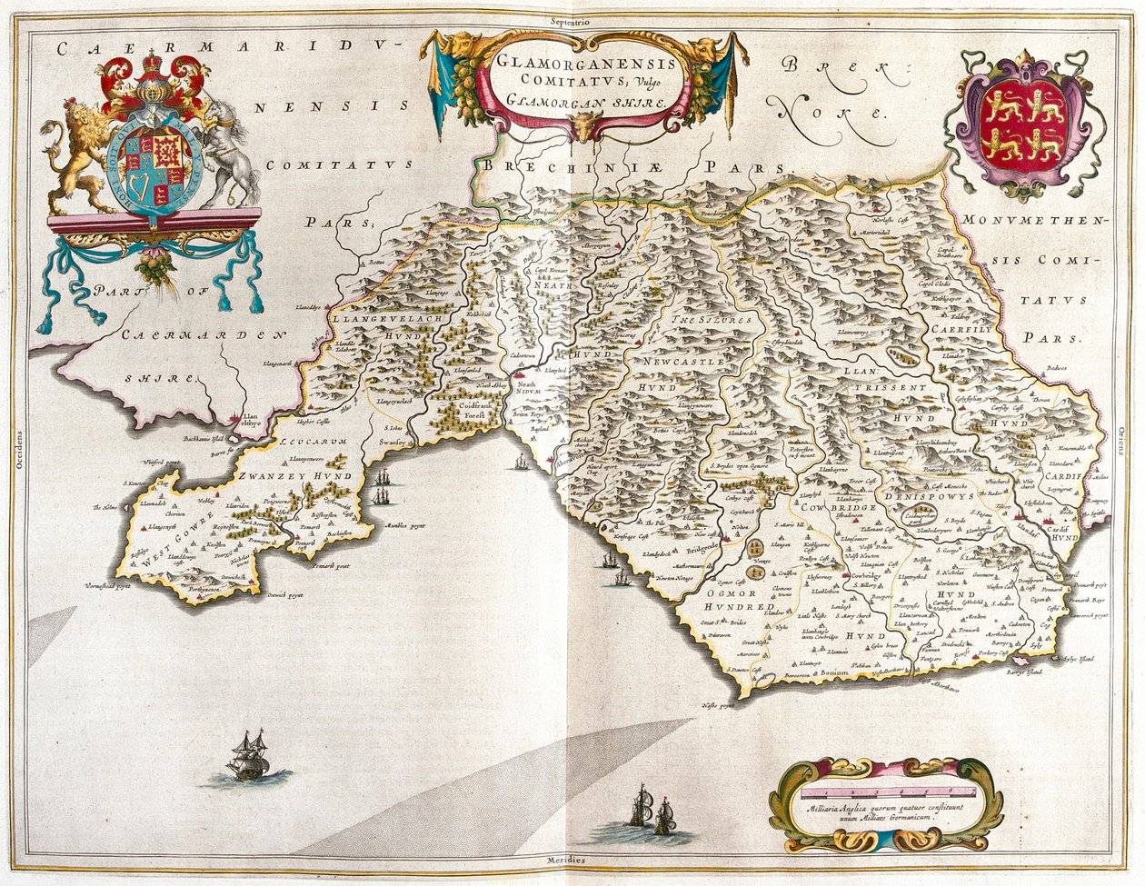 アムステルダム、ウィレム・ブラウ著『Theatrum Orbis Terrarum, sive Atlas Novus』所収のグラモーガン州。 作： ウィレム・ブルー