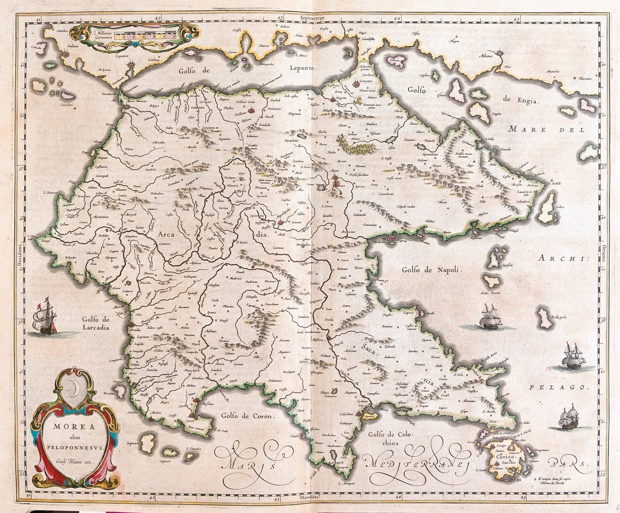ギリシャ、ペロポネソス（アムステルダム、ウィレム・ブラウ著『Theatrum Orbis Terrarum, sive Atlas Novus』所収 作： ウィレム・ブルー