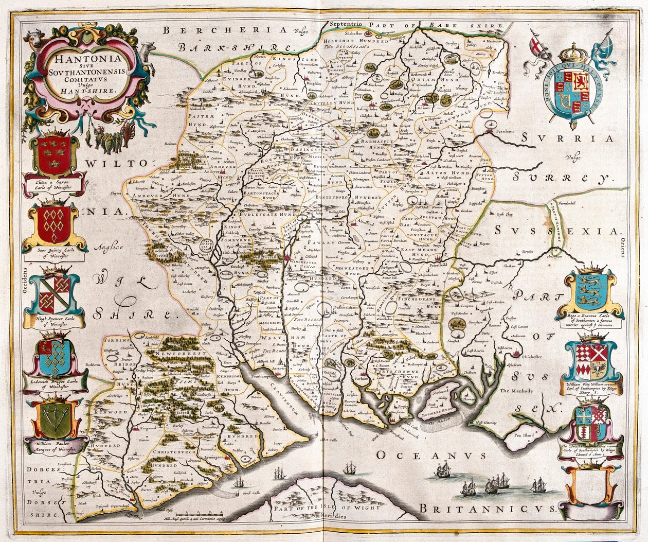 アムステルダム、ウィレム・ブラウ著『Theatrum Orbis Terrarum, sive Atlas Novus』所収のハンプシャーとサザンプトン。 作： ウィレム・ブルー