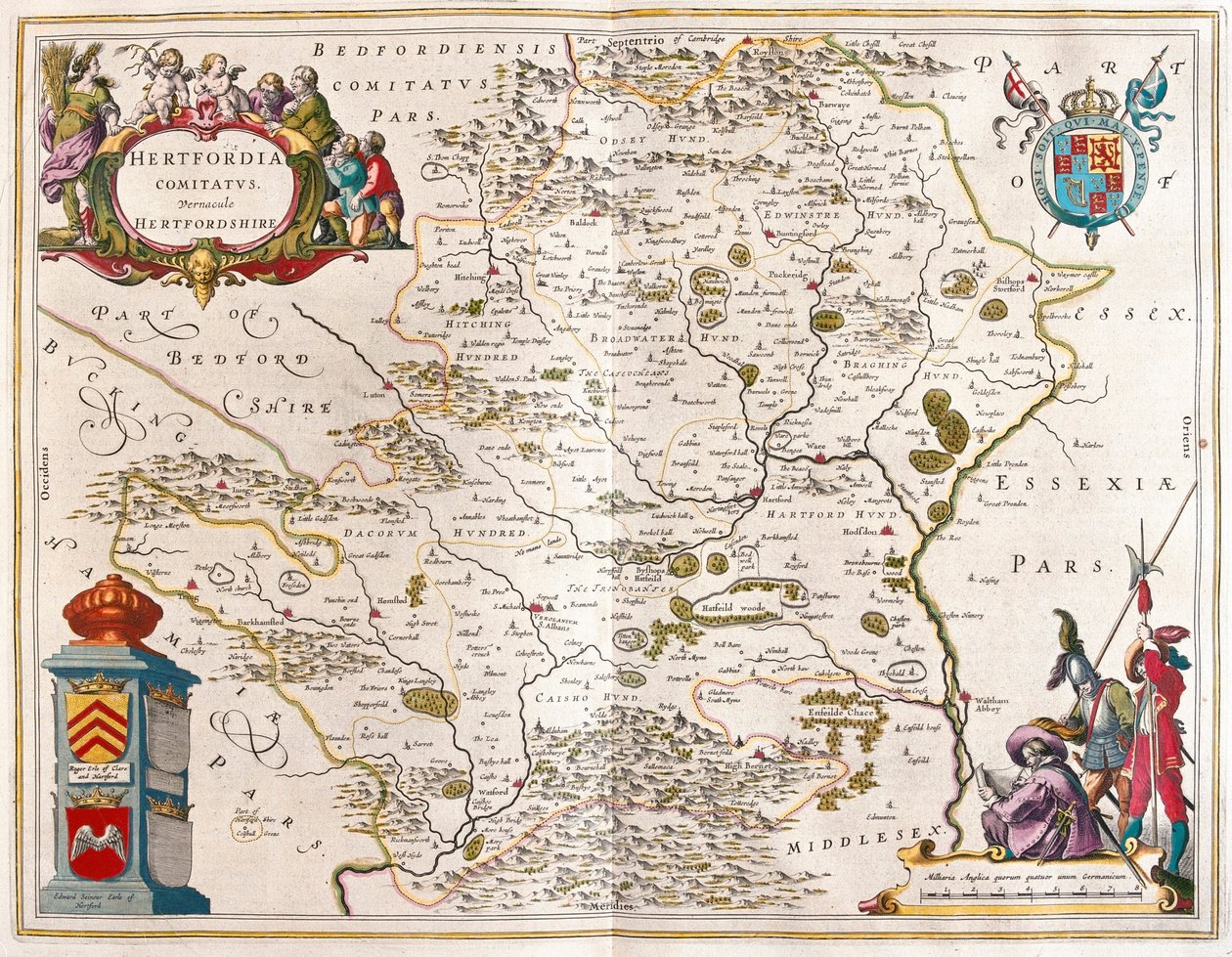 アムステルダム、ウィレム・ブラウ著『Theatrum Orbis Terrarum, sive Atlas Novus』所収のハートフォード・シャー。 作： ウィレム・ブルー