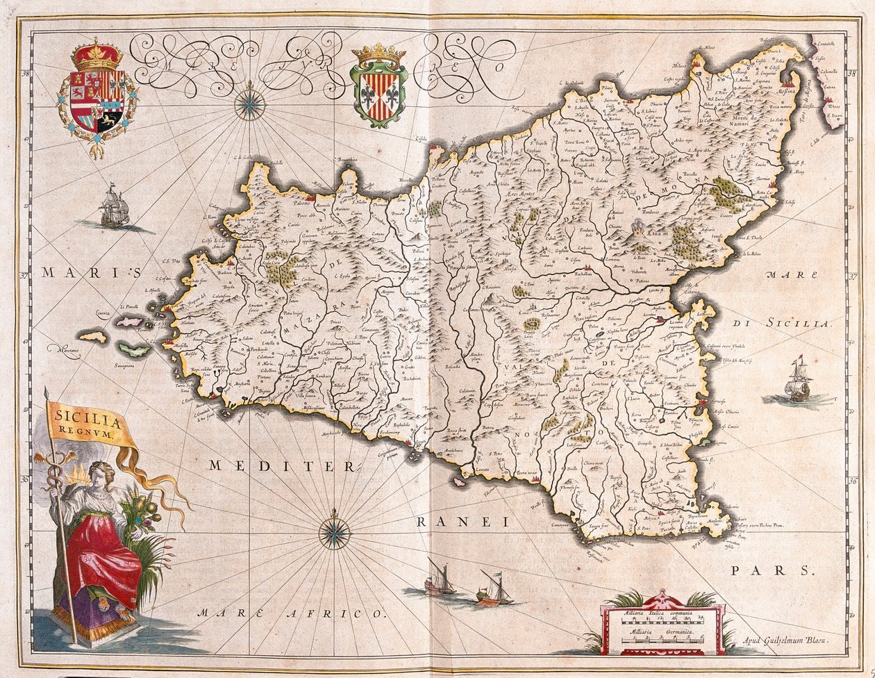 アムステルダム、ウィレム・ブラウ作「Theatrum Orbis Terrarum, sive Atlas Novus」に描かれたイタリアのシチリア島 作： ウィレム・ブルー